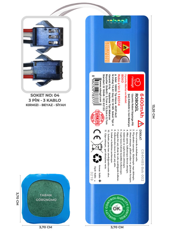 beko-robo-x-vrr-3-704-4a.jpg Beko Robo-x Vrr 3.1 82314 6400mAh Pili Uyumlu Robot Süpürge Bataryası C6404BS-Bek-002 - Görsel 1